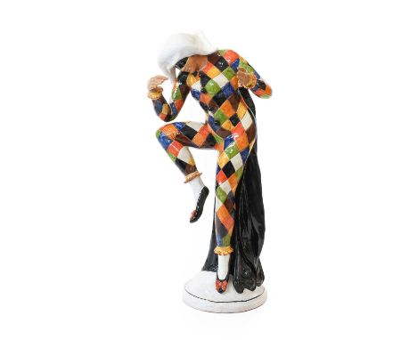 Ceccarelli Ceramiche Arlecchino diamond cheque costume and black cape, terracotta, monogrammed and numbered 1927, 122cm on a 