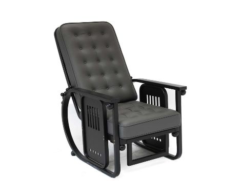 Wittmann Sitzmaschine Recliner Armchair, designed by Josef Hoffmann,black frame with extendable footrest, grey leather button