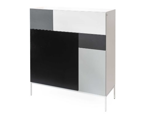 Pastoe Vision Cabinet De Stijl,black, grey and white lacquer, on four white legs, labelled pastoe,108.5cm wide, 38.5cm deep, 