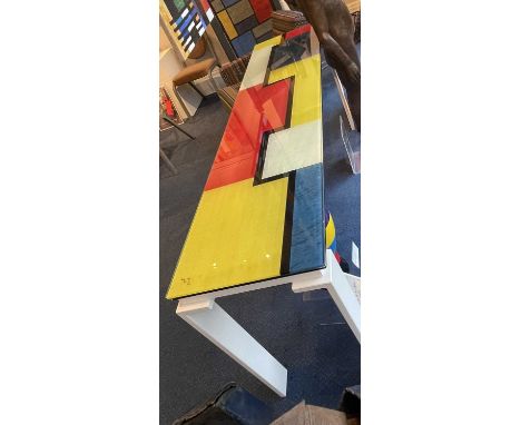 De Stijl Style Console Table,the top in red, yellow, blue, black and white laminated between glass, monomgrammed, on a white 