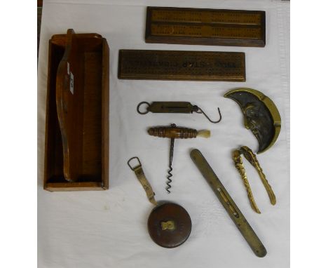 Box of interesting collectables to include old corkscrew