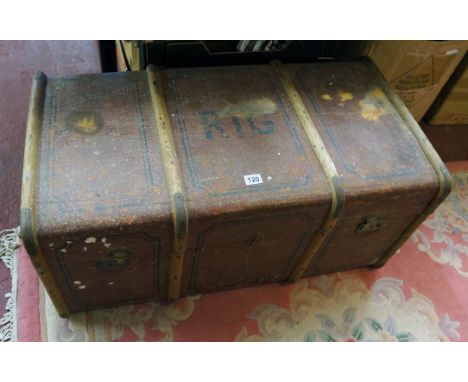 Large canvas & wooden travelling trunk