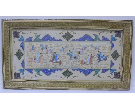 A painted ivory panel of Chinese huntsman on horseback, size of panel 40cm x 12cm