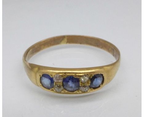 A yellow metal, sapphire and diamond ring, 2g, R