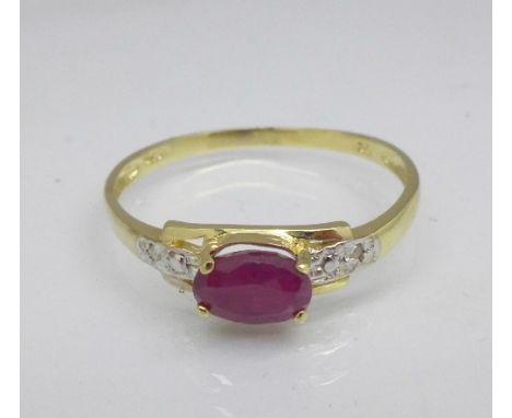 A 9ct gold, ruby and diamond ring, 1g, O