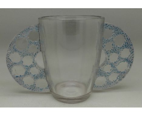 A R. Lalique glass, Caudebec, blue stained two handled loving cup signed R. Lalique, France, 20cm, a/f, (small 'nibbles' to b