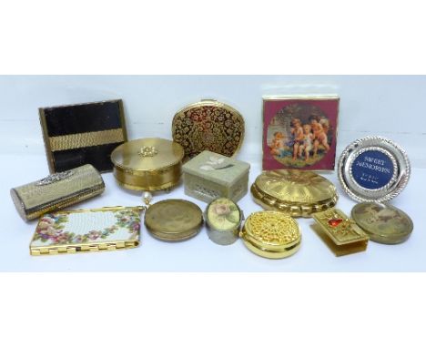 A collection of compacts including Kigu and Stratton, and trinket boxes, etc.