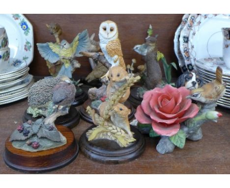 A collection of bird and animal figures including a hand painted Worcester owl, a Royal Doulton otter, a Border Fine Arts hed