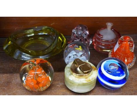 A Whitefriars lemon glass bowl, six paperweights and a table lighter (8)