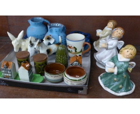 Two blue glass bowls, three pieces of motto ware, condiments, Goebel angels, animal figures and two jugs