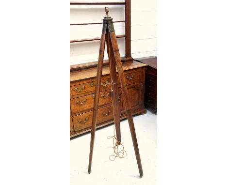 19th century surveyor's tripod stand converted to a standard lamp, mahogany tripod legs, metal collar, previously used for mo