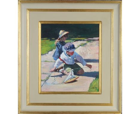 Dejan Sevo (Serbian, Contemporary), "Brother and Sister", the boy playing with a toy sailboat, signed lower right, oil on boa