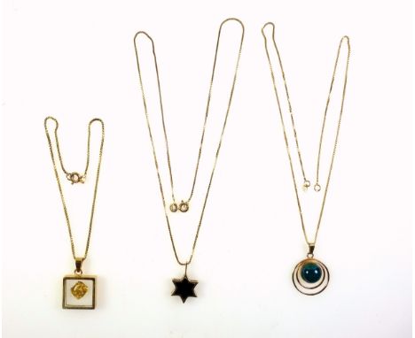 Two 9ct gold box link chains, 3.4 grams, with a star pendant and a box pendant and a yellow metal box link chain, stamped 14k