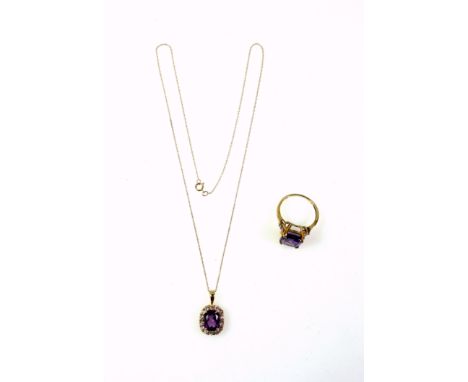 9ct gold pendant set amethyst and white stones, on a yellow metal chain stamped 375, gross 2.3 grams, a 9ct gold ring set ame