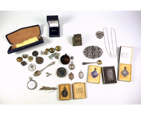 Silver and enamel Cricket League medal for Smartist Fielder, 1927; 5 other medals, necklace, pendant, brooch, Victorian salt 