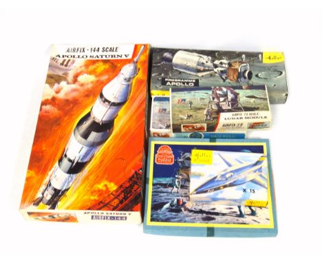 Airfix 1/144 Scale Series 9 Apollo Saturn V model kit, two 1/72 scale Lunar Module kits, Heller Program Apollo kit, Cadet X15