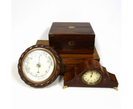 Aneroid barometer with oak frame, 22cm diameter, two wooden writing slopes with brass corners and blank cartouche to the lid 