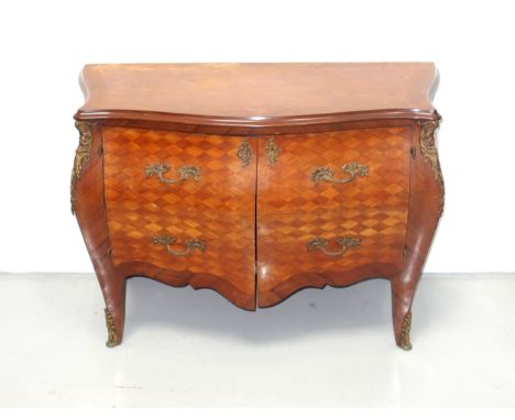 Louis XV style kingwood and tulip wood bombe commode with all over geometric inlay, 2 doors, each simulating drawers with roc