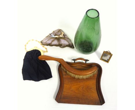 Wooden crumb tray with brush, bisque reclining female figure on a cardboard handkerchief box, a green glass vase, miniature f