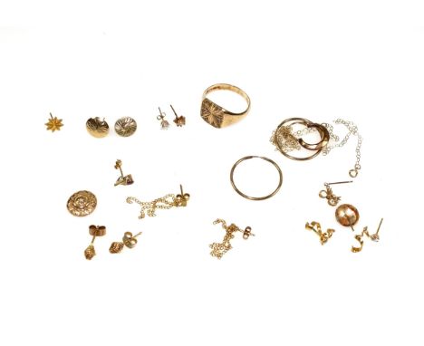 9ct gold signet ring with cut decoration, 9ct fine chain pendant necklace, 3 pairs of stud earrings, pair of hoop earrings, a