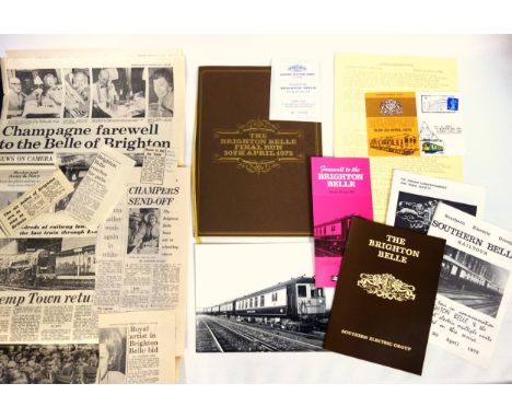 Railway interest: BRIGHTON BELLE Last run menu, souvenir platform ticket, flyers, press cuttings, stamps, intinerary and phot