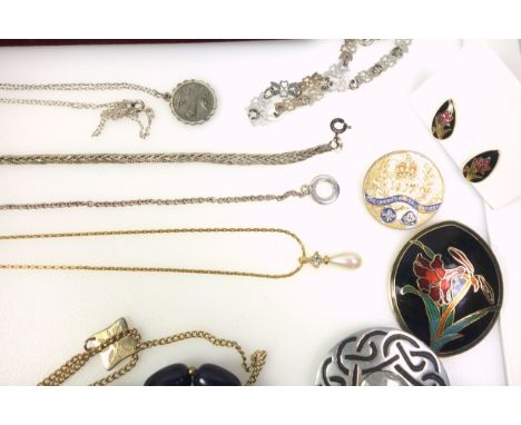 Silver and a quantity of costume jewellery including a Christian Dior pearl pendant necklace, five silver bracelets and two n