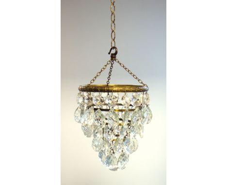 Gilt metal baguette chandelier with cut glass swags and drops, Dia.31.5cm, and a corona light with 4 tiers of glass drops, Di