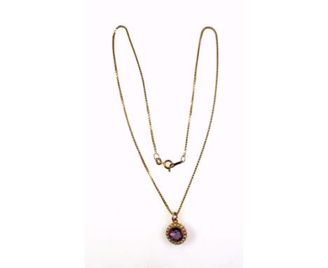 15ct gold amethyst and seed pearl pendant on a 9ct gold box link chain, 6.2grs 