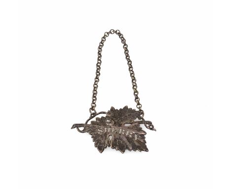 William IV silver Sherry bottle ticket, in the form of a vine leaf with pierced lettering, by Charles Rawlings, London, 1834,