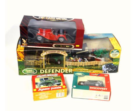 Halsall Land Rover Defender Town and Country Play Set, 1:32 scale; Britains 1:32 Land Rover Discovery, Classic Wheels Land Ro