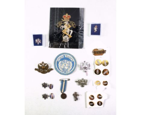 Pair of silver and enamel cufflinks of the King's Dragoon Guards, a similar cap badge and three others. REME silver and marca