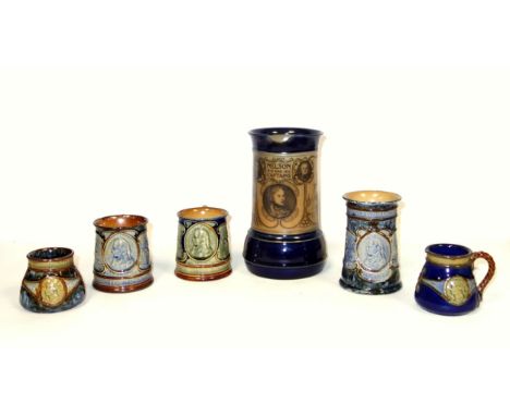 Royal Doulton stoneware jug commemorating Nelson and His Captains, on a blue ground, H.21cm; vase with Nelson's profile portr