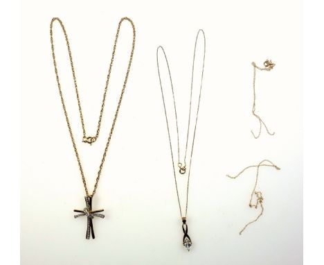 9ct gold fancy link chain, 3 grams, with a 9ct gold and diamond cross pendant, 1.7 grams; a yellow metal pendant necklace sta