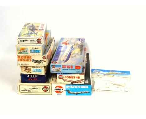 Six Airfix 1/72 scale aviation model kits, comprising BAC Canberra, Blackburn N. A. 39, Hawker Siddeley Harrier, Blackburn Bu