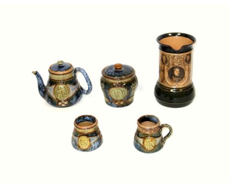 Royal Doulton stoneware 3 piece commemorative tea set the teapot with a profile portrait of Lord Nelson in relief in a rope-t