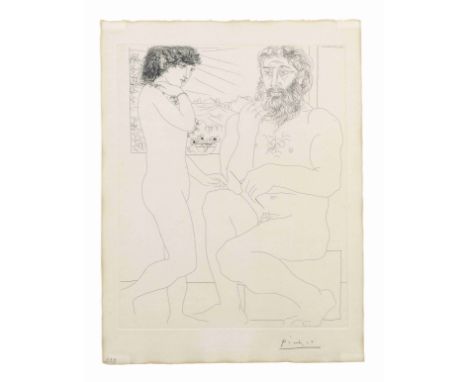 PABLO PICASSO (1881-1973)Sculpteur Songeant, modèle aux cheveux noirs et bol avec trois anémones, La Suite Vollard signéeau-f