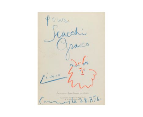 PABLO PICASSO (1881-1973)Sans titre signé, daté et dédicacé  pour Scacchi Gracco Picasso Cannes le 28.7.56 crayon de couleur 