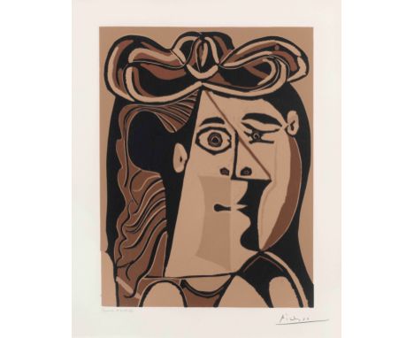 PABLO PICASSO (1881-1973)Tête de Femme au Chapeau signé et inscrit Epreuve d'artistelinogravure en couleurs sur vélin filigra