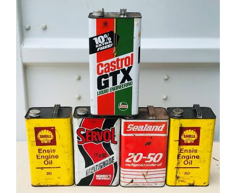 Five vintage one gallon oil cans, Morris Servol, Sealand, Shell Ensis x 2 and Castrol.