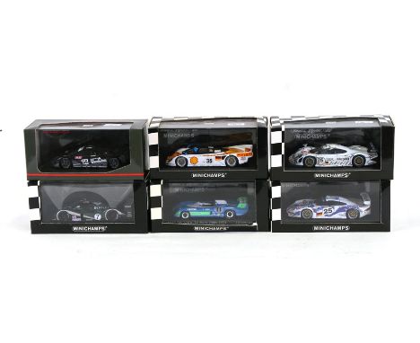 A collection of six Mini Champs 1-43 scale diecast Le Mans Sports Cars including 1973 Matra Ms 670B, Bentley Speed 8, Porsche