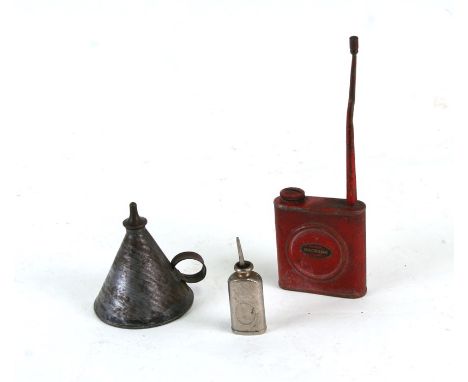 A vintage MACROME oil can 21cms (8.25ins) tall overall, together with a conical shaped oil can with a K in raised relief and 