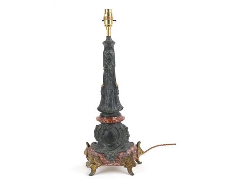 A late 19th / early 20th century Art Nouveau French table lamp on a rouge marble base, (PAT tested) 53cms (20.75ins) high.