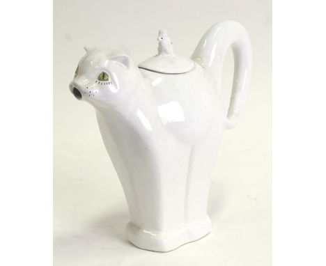 A Carltonware novelty teapot in the form of a white cat with mouse finial, 21cms (8.25ins) high.