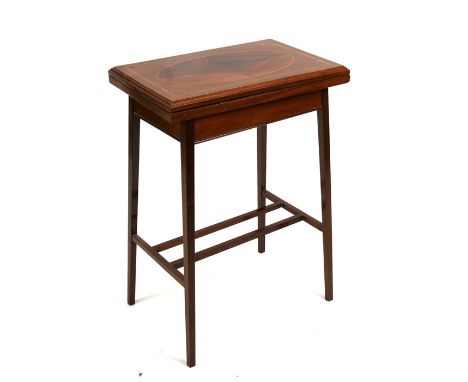 An Edwardian inlaid mahogany card table on square tapering legs joined by a stretcher, 51cms (20ins) wide.