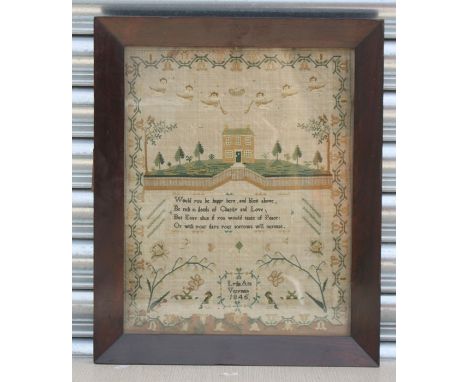 A Victorian sampler by Lydia Ann Veryman, 1845, with verse, building with garden, angels and birds within a repeating border,