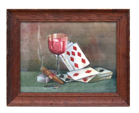 Early 20th century English school - Still Life of a Glass of Wine, Cigar and Playing Cards - watercolour, framed, 20 by 27cms