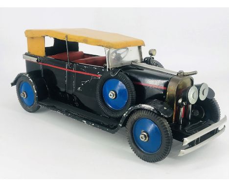 A 1950’s scratch built tin plate 1:12 scale 1930’s Rolls Royce inspired Open Tourer, finished in black with red coachlines, s