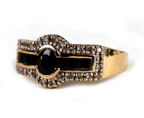 A 9ct gold sapphire and diamond ring, approx UK size 'P'.