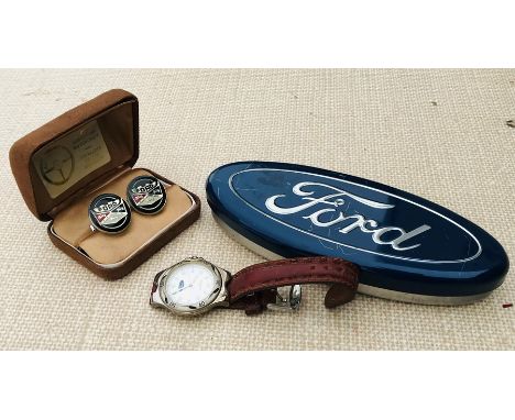 A pair of vintage Auto-links Ford cufflinks, cased, and a Ford branded gentleman’s wristwatch, cased.
