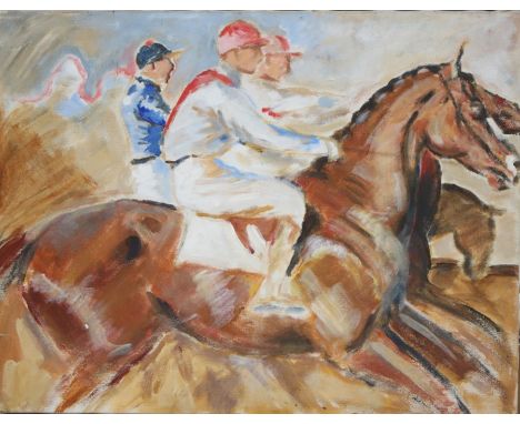 20th century Modern British - Racehorses with Jockeys Up - oil sketch on canvas, unframed, 35 by 45cms (13.75 by 17.75ins).